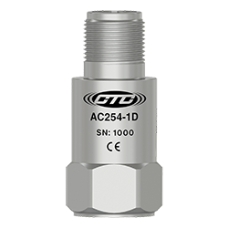 A render of a CTC AC254 stainless steel, standard size, top exit industrial accelerometer.